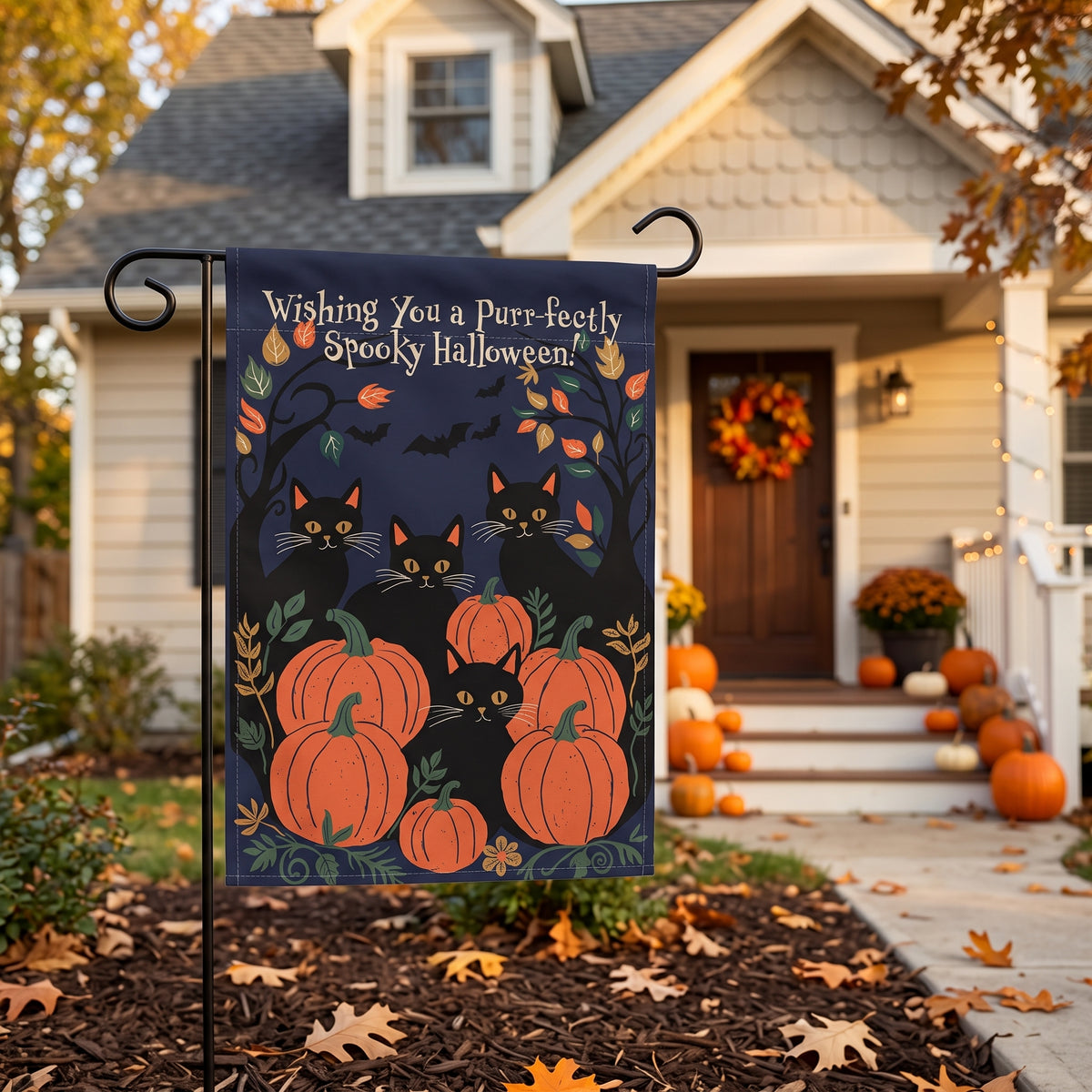 Purr-fectly Spooky Halloween Garden Flag — Black Cats & Pumpkin Patch