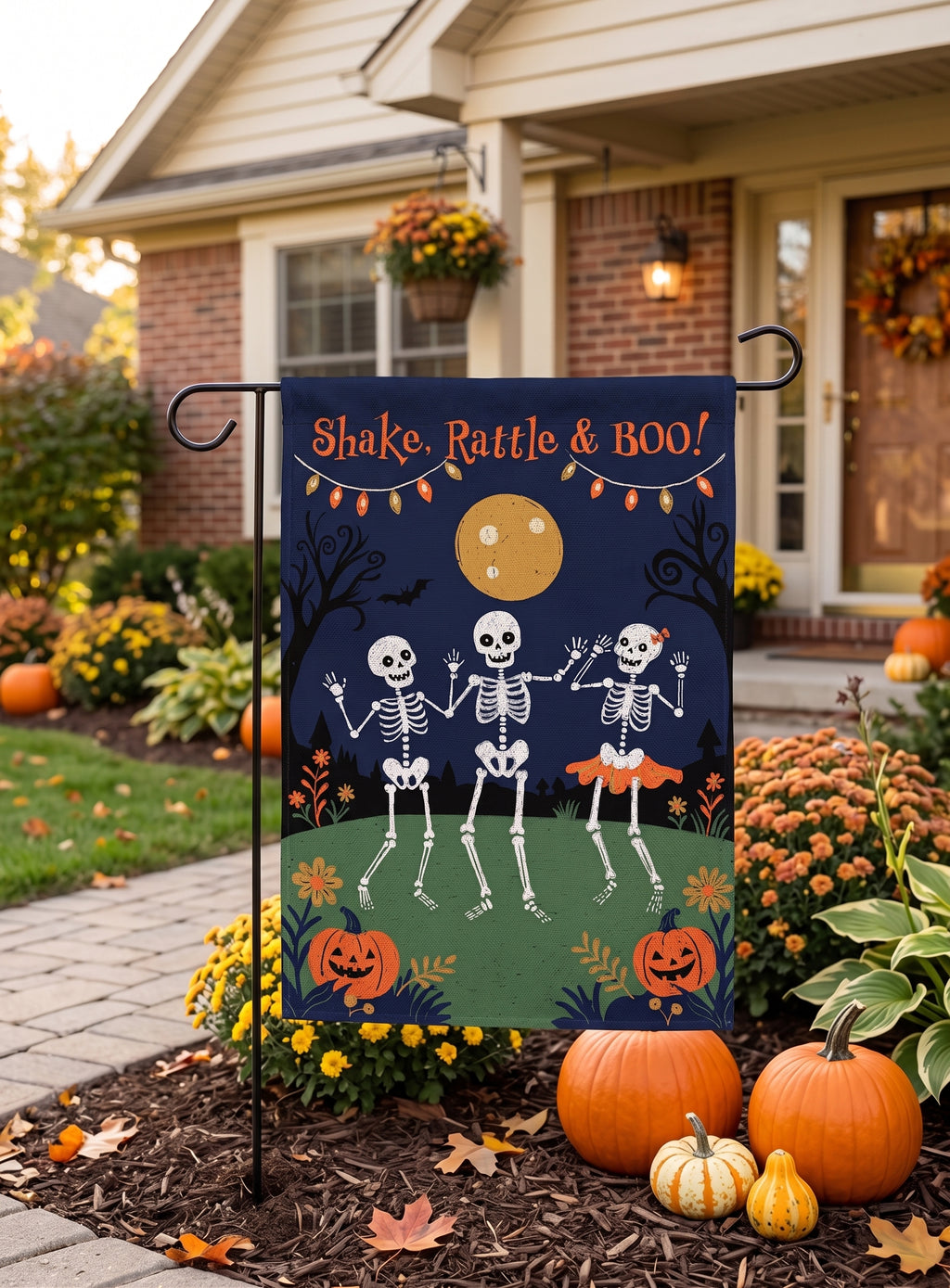 Shake, Rattle & Boo Halloween Garden Flag — Dancing Skeletons