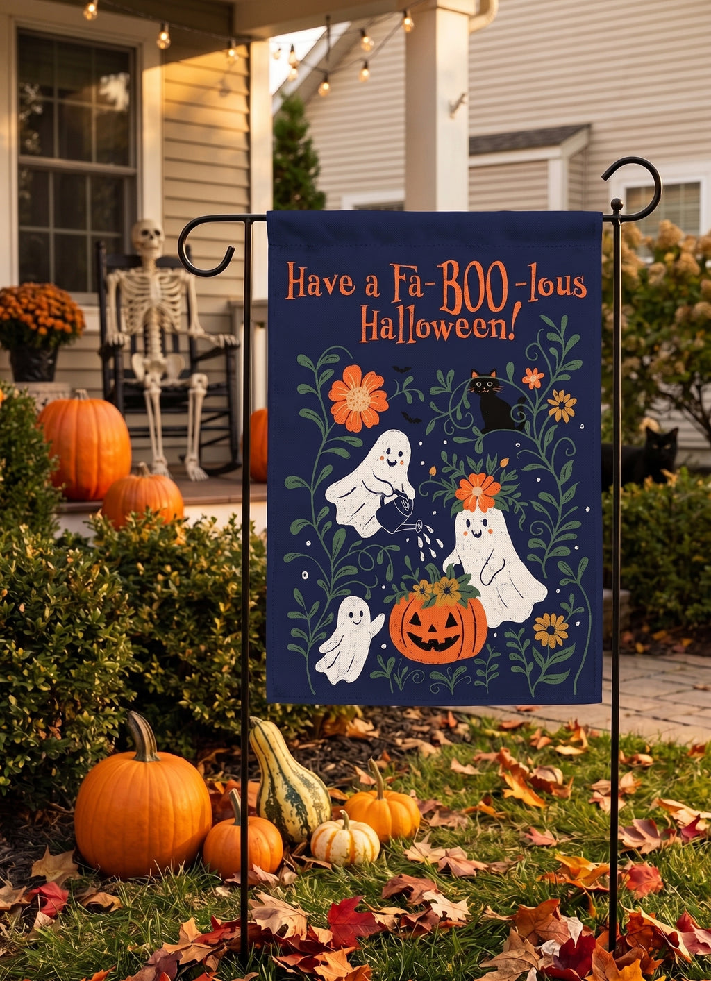 Fa-BOO-lous Halloween Garden Flag — Gardening Ghosts & Black Cat