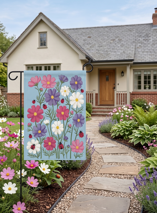 Cosmos & Ladybugs Garden Flag