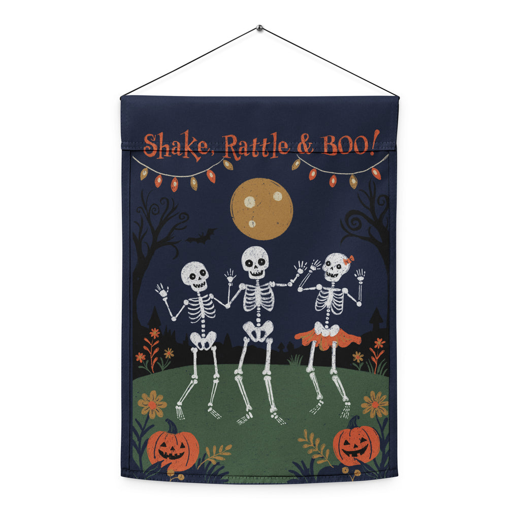 Shake, Rattle & Boo Halloween Garden Flag — Dancing Skeletons