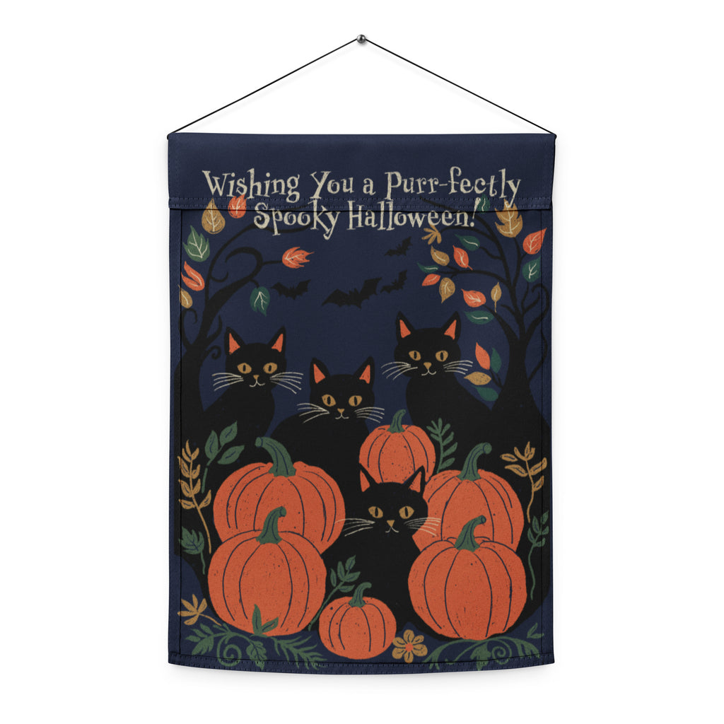 Purr-fectly Spooky Halloween Garden Flag — Black Cats & Pumpkin Patch