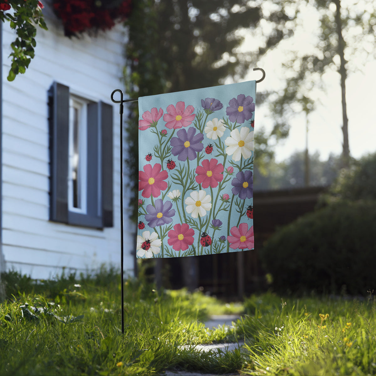 Cosmos & Ladybugs Garden Flag