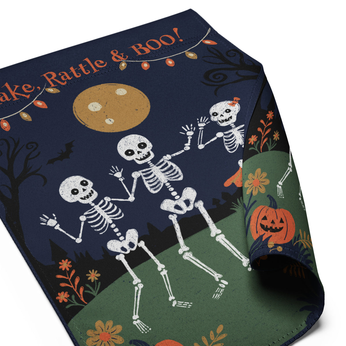 Shake, Rattle & Boo Halloween Garden Flag — Dancing Skeletons